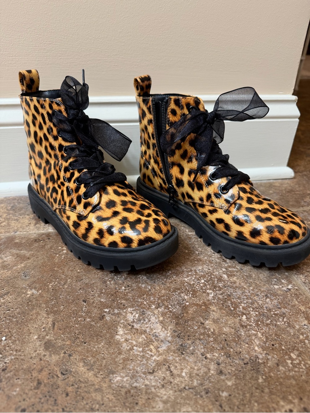 Kids Leopard Print Combat Boots - Black & Brown